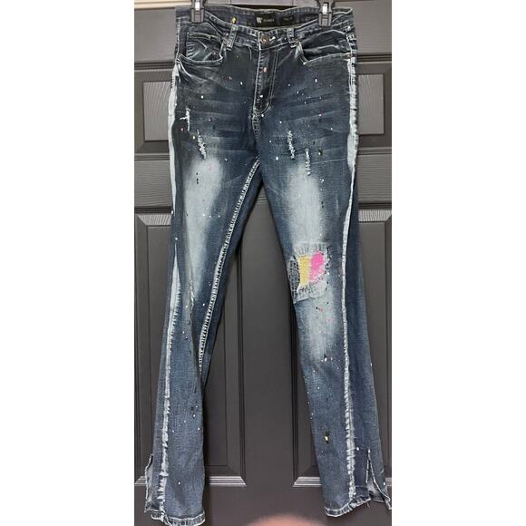 Waimea Mens 32x32 Jeans Distressed Thrashed Dark Wash Skinny Fit Paint